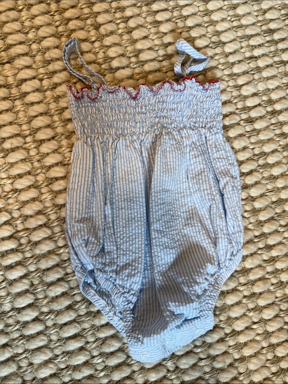 bella bliss Blue and White Striped Smocked Romper with Red Trim